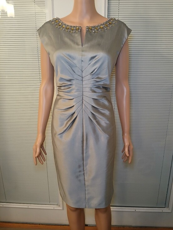 Jessica Howard Dresses & Skirts - Jessica Howard Silver Ruched Sheath Dress with Beaded Neckline